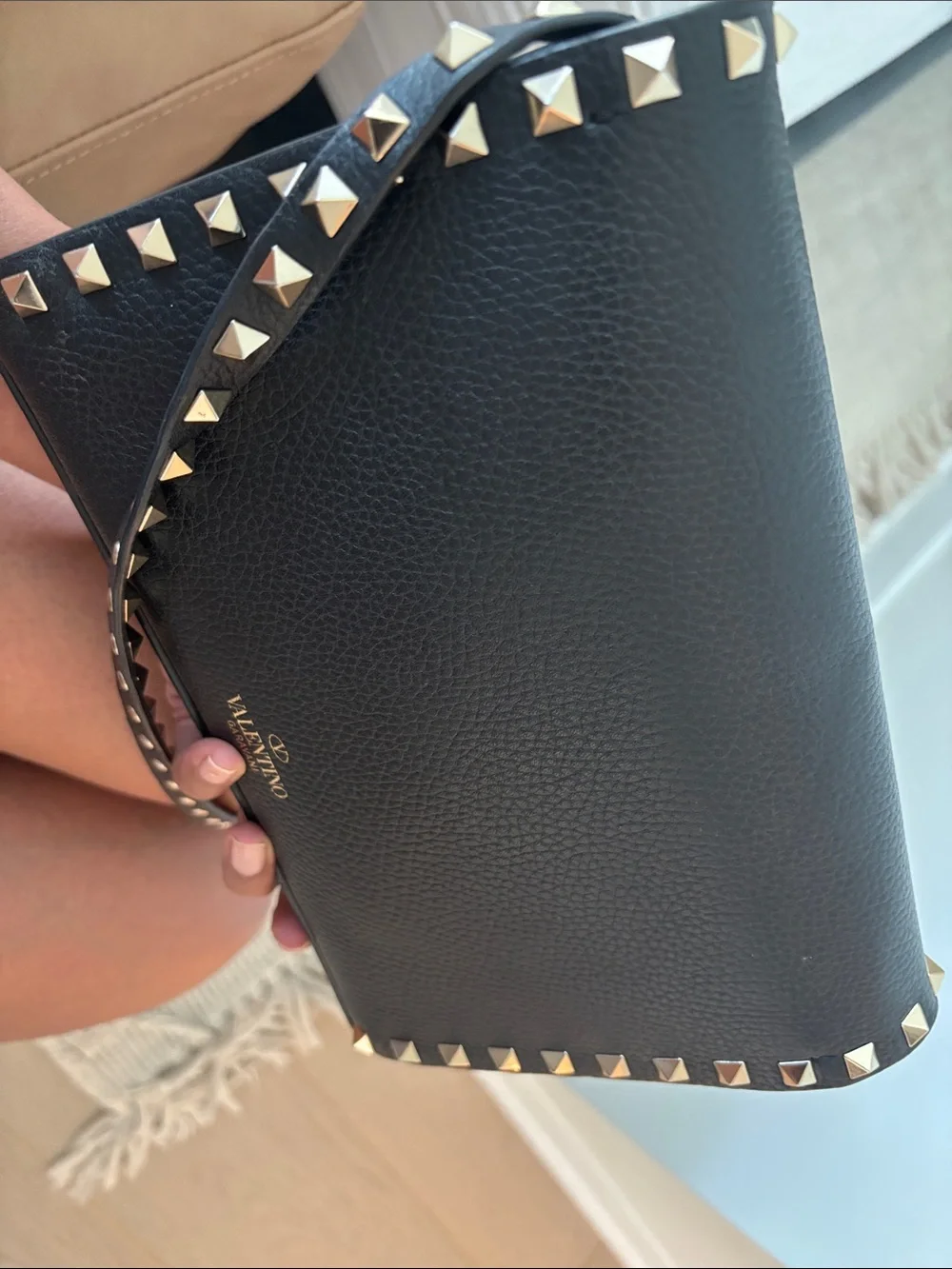 Valentino Black Leather Studded Shoulder Bag with Gold Hardware